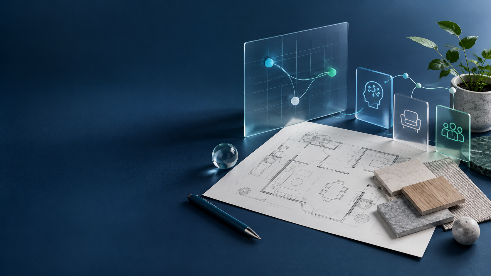 An editorial composition connecting AI analysis, an architectural plan, material samples and professional introductions